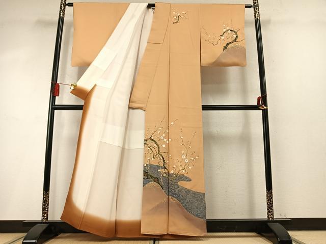 平和屋着物●訪問着　刺繍　枝梅流水文　金銀彩　正絹　逸品　AABM8195fy