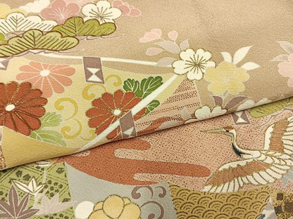 平和屋着物●豪華色留袖　駒刺繍　松竹梅　飛鶴花唐草文　金彩　正絹　逸品　未使用　AABM8201fy