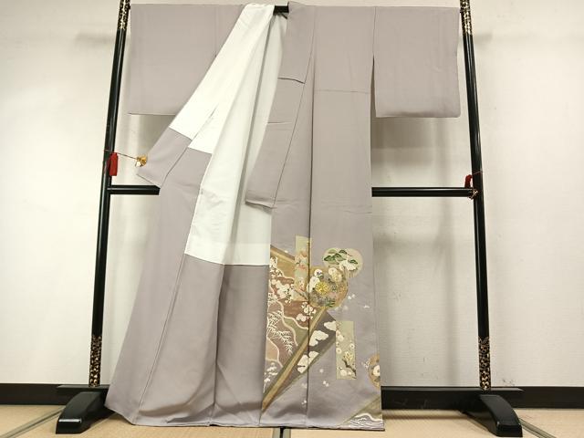 平和屋着物●豪華色留袖　駒刺繍　鶴　色紙枝梅松花文　金彩　正絹　逸品　未使用　AABM8202fy