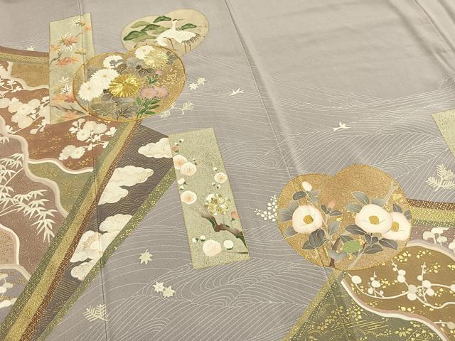 平和屋着物●豪華色留袖　駒刺繍　鶴　色紙枝梅松花文　金彩　正絹　逸品　未使用　AABM8202fy