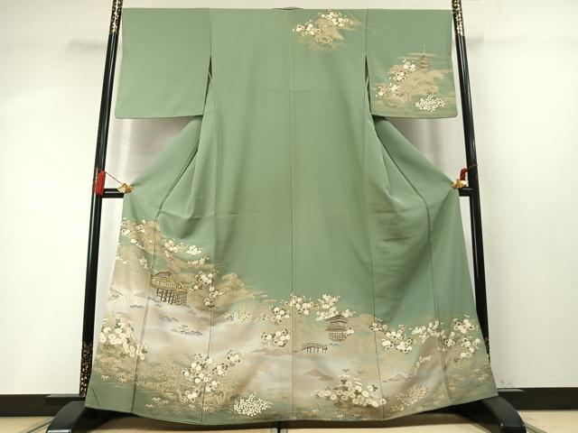 平和屋着物●訪問着　駒刺繍　松竹　風景花文　金彩　正絹　逸品　AABM8206fy