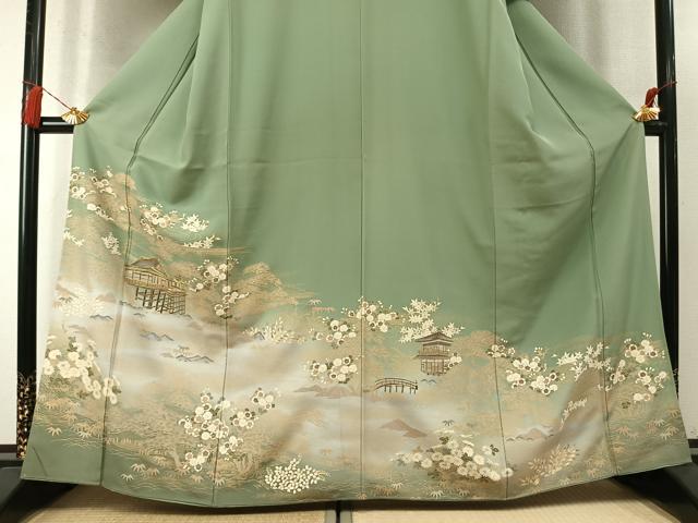 平和屋着物●訪問着　駒刺繍　松竹　風景花文　金彩　正絹　逸品　AABM8206fy