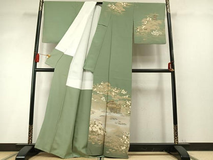 平和屋着物●訪問着　駒刺繍　松竹　風景花文　金彩　正絹　逸品　AABM8206fy