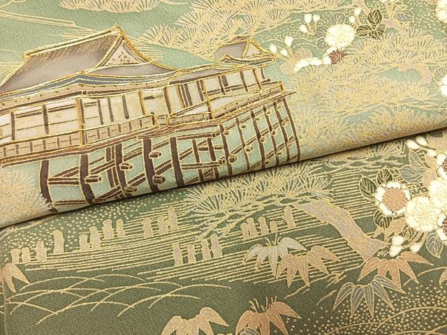 平和屋着物●訪問着　駒刺繍　松竹　風景花文　金彩　正絹　逸品　AABM8206fy