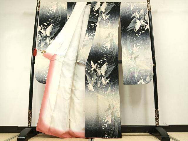 平和屋着物●豪華振袖　舞蝶文　暈し染め　銀彩　正絹　逸品　AABM8217fy