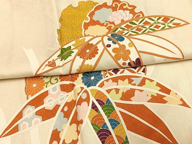 平和屋着物●訪問着　刺繍　雪輪重ね笹文　金彩　正絹　逸品　AABM8218fy