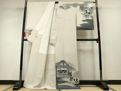 平和屋着物●訪問着　手描き　人物風景文　暈し染め　銀通し地　丹後ちりめん　反端付き　正絹　逸品　AABM8231fy