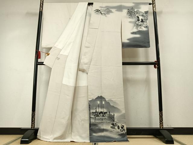 平和屋着物●訪問着　手描き　人物風景文　暈し染め　銀通し地　丹後ちりめん　反端付き　正絹　逸品　AABM8231fy