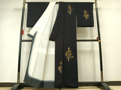 平和屋着物●訪問着　樹林文　暈し染め　黒地　金彩　正絹　逸品　AABM8233fy