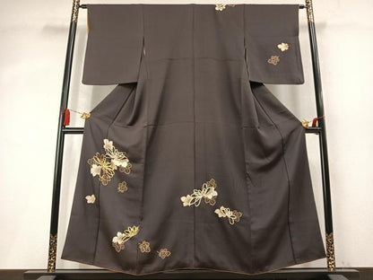 平和屋着物●訪問着　駒刺繍　草花文　金彩　正絹　逸品　AABM8234fy