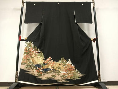 平和屋着物●豪華黒留袖　花鳥枝梅松風景文　金銀彩　正絹　逸品　未使用　AABM8246fy　