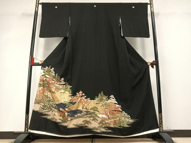 平和屋着物●豪華黒留袖　花鳥枝梅松風景文　金銀彩　正絹　逸品　未使用　AABM8246fy　