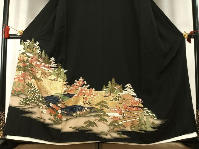 平和屋着物●豪華黒留袖　花鳥枝梅松風景文　金銀彩　正絹　逸品　未使用　AABM8246fy　
