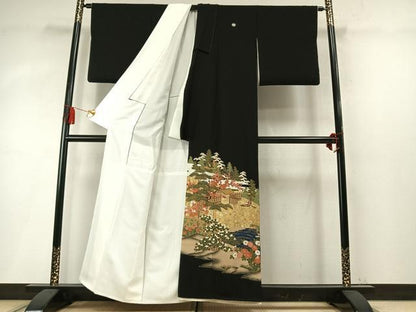平和屋着物●豪華黒留袖　花鳥枝梅松風景文　金銀彩　正絹　逸品　未使用　AABM8246fy　