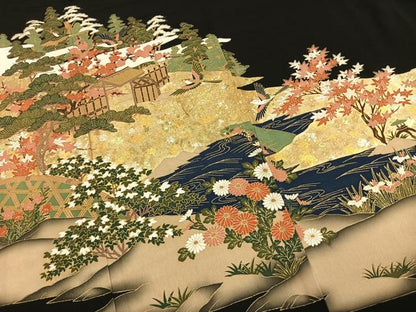 平和屋着物●豪華黒留袖　花鳥枝梅松風景文　金銀彩　正絹　逸品　未使用　AABM8246fy　