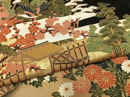 平和屋着物●豪華黒留袖　花鳥枝梅松風景文　金銀彩　正絹　逸品　未使用　AABM8246fy　