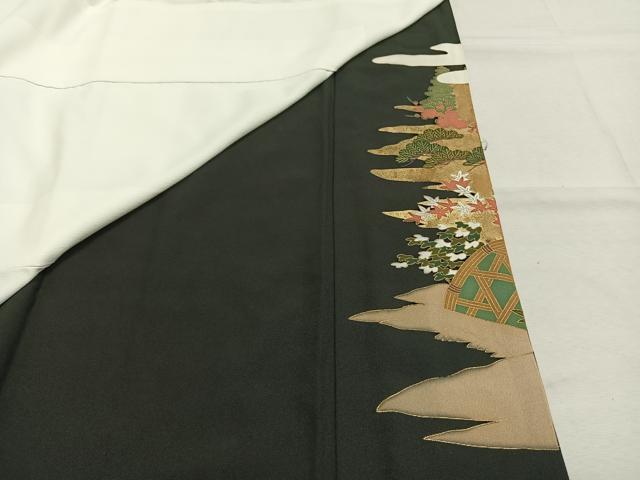 平和屋着物●豪華黒留袖　花鳥枝梅松風景文　金銀彩　正絹　逸品　未使用　AABM8246fy　