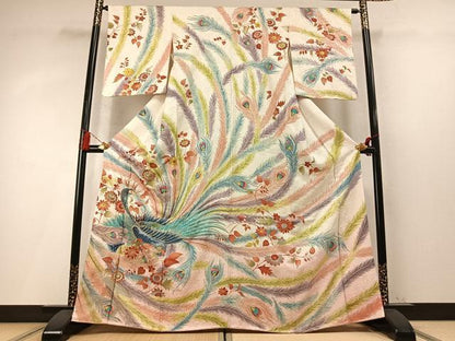平和屋着物●訪問着　刺繍　孔雀花文　金糸　金彩　正絹　逸品　AABM8256fy