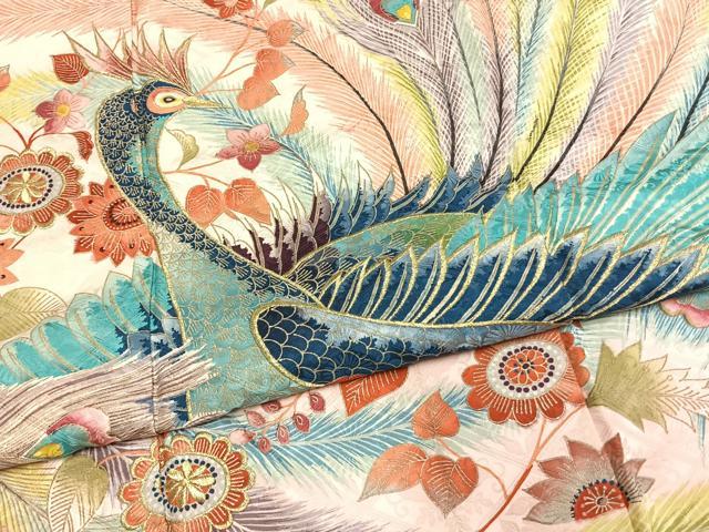 平和屋着物●訪問着　刺繍　孔雀花文　金糸　金彩　正絹　逸品　AABM8256fy