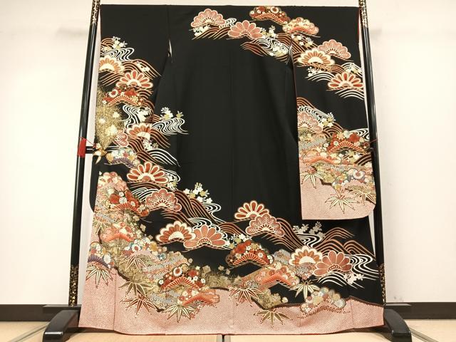 平和屋着物●豪華振袖　松竹梅　黒地　金銀彩　正絹　逸品　AABM8264fy