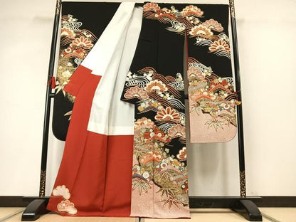 平和屋着物●豪華振袖　松竹梅　黒地　金銀彩　正絹　逸品　AABM8264fy