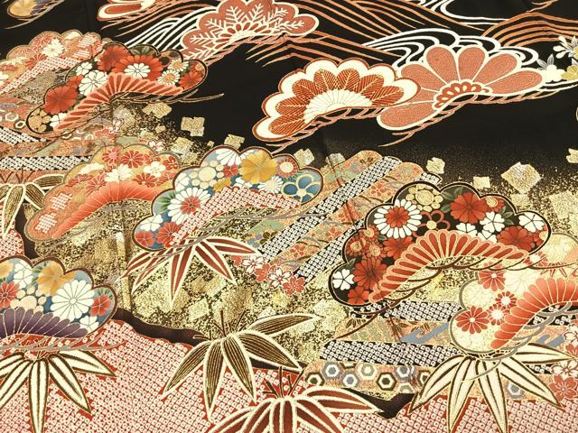 平和屋着物●豪華振袖　松竹梅　黒地　金銀彩　正絹　逸品　AABM8264fy