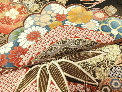 平和屋着物●豪華振袖　松竹梅　黒地　金銀彩　正絹　逸品　AABM8264fy