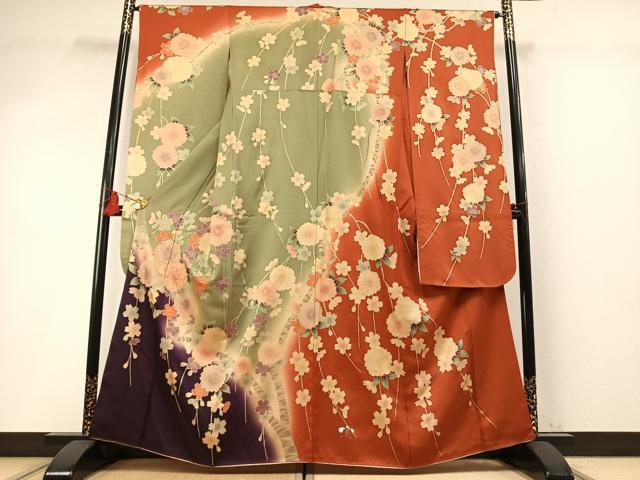 平和屋着物●豪華振袖　駒刺繍　枝桜文　暈し染め　金彩　正絹　逸品　AABM8266fy