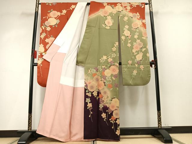 平和屋着物●豪華振袖　駒刺繍　枝桜文　暈し染め　金彩　正絹　逸品　AABM8266fy