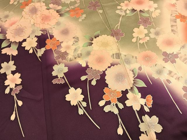 平和屋着物●豪華振袖　駒刺繍　枝桜文　暈し染め　金彩　正絹　逸品　AABM8266fy