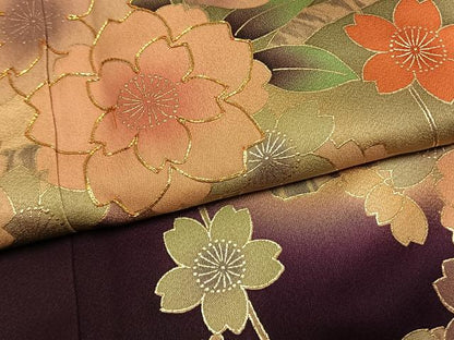 平和屋着物●豪華振袖　駒刺繍　枝桜文　暈し染め　金彩　正絹　逸品　AABM8266fy