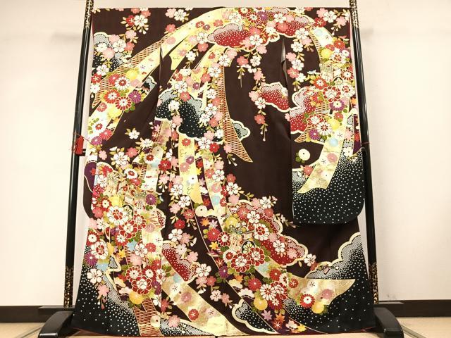 平和屋着物●豪華振袖　駒刺繍　御所車花文　金彩　京都きもの友禅扱い　正絹　逸品　AABM8268fy