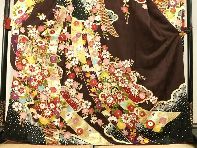 平和屋着物●豪華振袖　駒刺繍　御所車花文　金彩　京都きもの友禅扱い　正絹　逸品　AABM8268fy