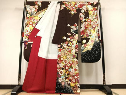 平和屋着物●豪華振袖　駒刺繍　御所車花文　金彩　京都きもの友禅扱い　正絹　逸品　AABM8268fy