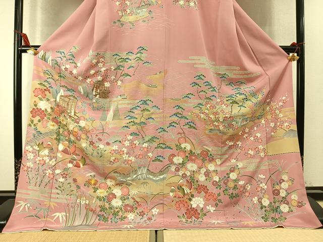 平和屋着物●訪問着　駒刺繍　松竹梅　御所車花鳥文　金彩　ロング丈　正絹　逸品　AABM8271fy