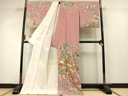 平和屋着物●訪問着　駒刺繍　松竹梅　御所車花鳥文　金彩　ロング丈　正絹　逸品　AABM8271fy