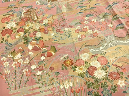 平和屋着物●訪問着　駒刺繍　松竹梅　御所車花鳥文　金彩　ロング丈　正絹　逸品　AABM8271fy