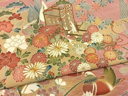 平和屋着物●訪問着　駒刺繍　松竹梅　御所車花鳥文　金彩　ロング丈　正絹　逸品　AABM8271fy