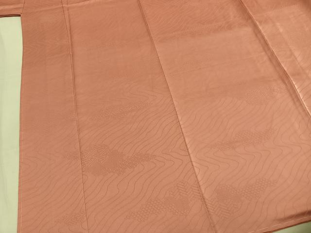 平和屋着物●上質な色無地　流水紗綾形七宝地紋　珊瑚朱色　正絹　逸品　未使用　AABM8272fy