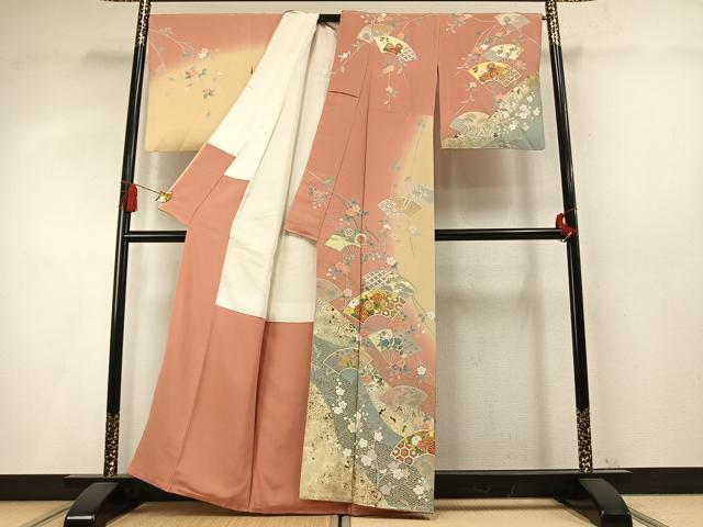 平和屋着物●十日町友禅作家　松雨　訪問着　駒刺繍　扇面花文　暈し染め　金銀彩　正絹　逸品　AABM8281fy