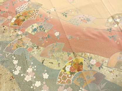 平和屋着物●十日町友禅作家　松雨　訪問着　駒刺繍　扇面花文　暈し染め　金銀彩　正絹　逸品　AABM8281fy