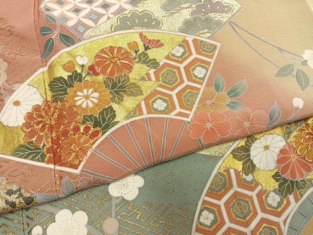 平和屋着物●十日町友禅作家　松雨　訪問着　駒刺繍　扇面花文　暈し染め　金銀彩　正絹　逸品　AABM8281fy