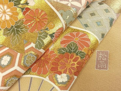 平和屋着物●十日町友禅作家　松雨　訪問着　駒刺繍　扇面花文　暈し染め　金銀彩　正絹　逸品　AABM8281fy