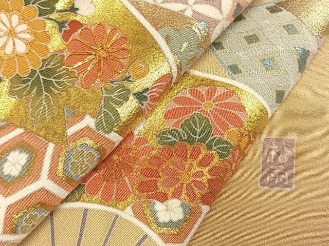 平和屋着物●十日町友禅作家　松雨　訪問着　駒刺繍　扇面花文　暈し染め　金銀彩　正絹　逸品　AABM8281fy