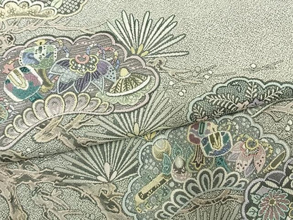 平和屋着物●日本画家　霜鳥忍の世界　彩天目織　色留袖　お召地　宝尽くし松花文　正絹　逸品　未使用　AABM8315fy