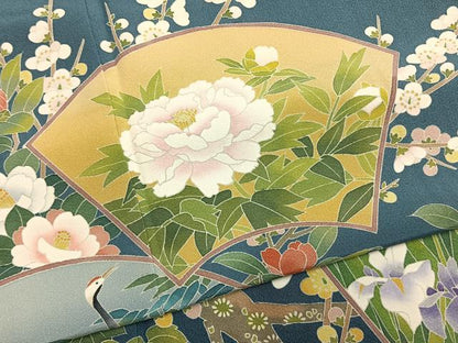 平和屋着物●十日町友禅作家　阿部佳雪　色留袖　地紙花鳥文　正絹　逸品　AABM8343fy