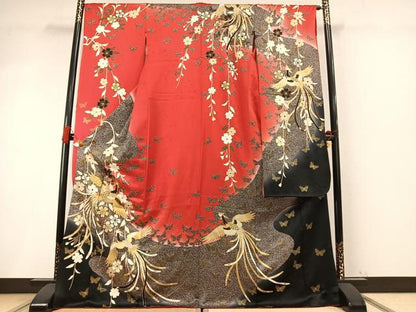 平和屋着物●豪華振袖　駒刺繍　鳳凰花蝶文　暈し染め　たたき染め　金彩　ロング丈　正絹　逸品　AABM8349fy