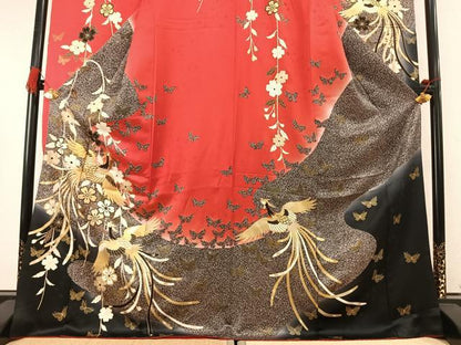 平和屋着物●豪華振袖　駒刺繍　鳳凰花蝶文　暈し染め　たたき染め　金彩　ロング丈　正絹　逸品　AABM8349fy
