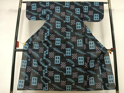 平和屋着物●久留米絣　単衣　幾何学文様　綿　逸品　AABM8352fy