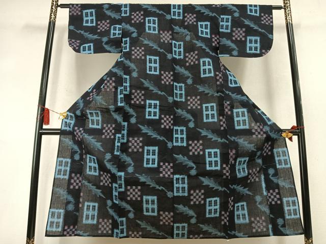 平和屋着物●久留米絣　単衣　幾何学文様　綿　逸品　AABM8352fy